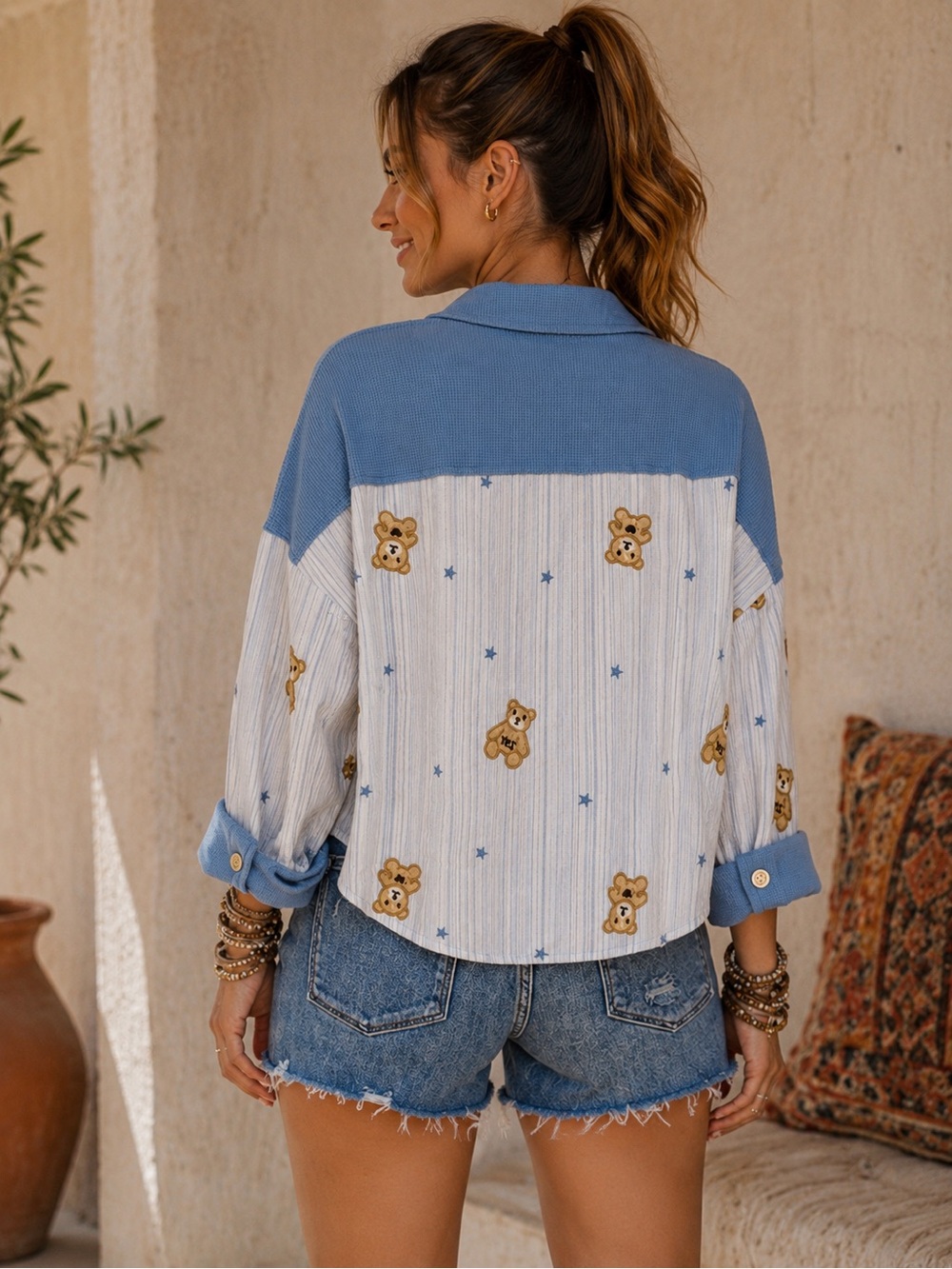 Blue Teddy Bear Embroidered Button Up Shacket Cottagecore Boho Top Size L NWT - Picture 4 of 10